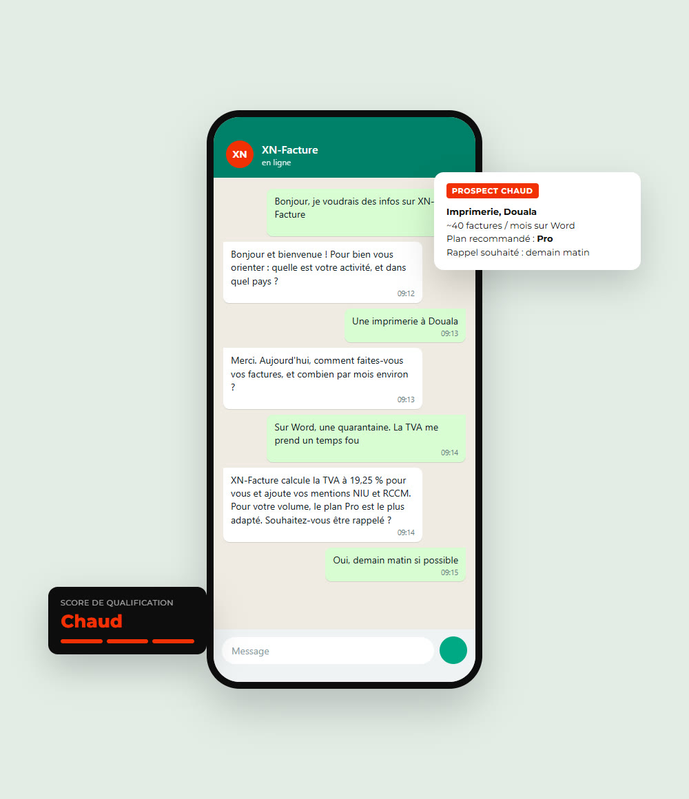 Conversation de qualification avec l’agent WhatsApp IA