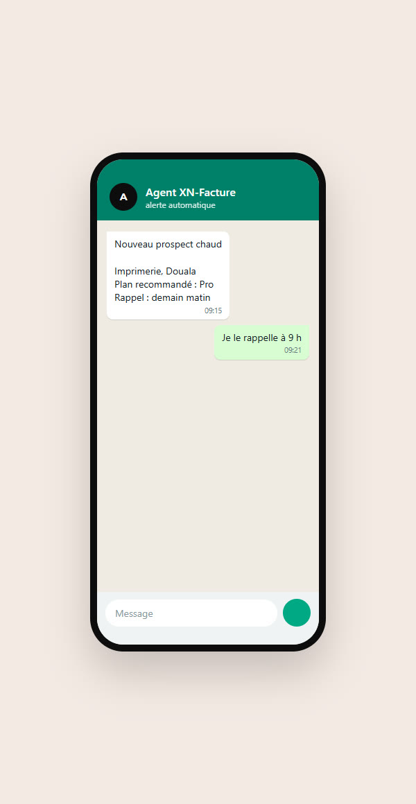 Alerte prospect chaud reçue sur WhatsApp
